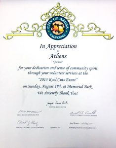 The City of Azusa presented an award in recognition of Athens Services' contributions to "Cool Cuts for Kids" - Community Recognitions, Honors, and Awards