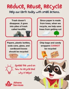 Rocky the Raccoon Reduce Reuse Recycle Help our Earth Today with Small Actions