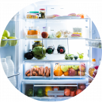 Open refrigerator door with foot items on shelves
