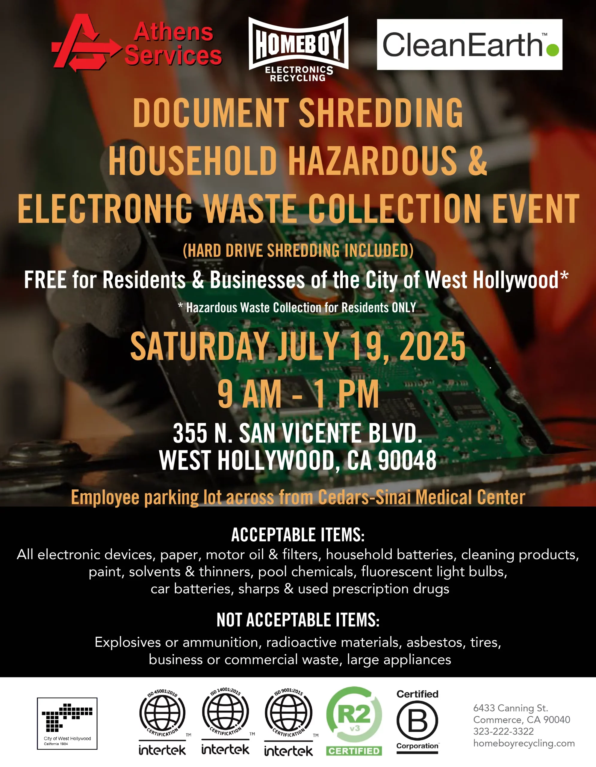 Athens Services Homeboy Electronics Recycling City of West Hollywood Document Shredding Household hazardous Electronic Waste Collection Event