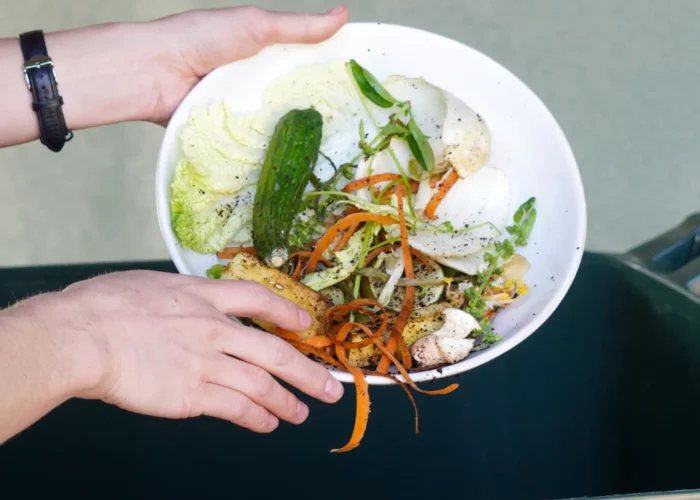 Athens Services Hands Throwing Food Scraps From A White Bowl Into A Green Organics Bin