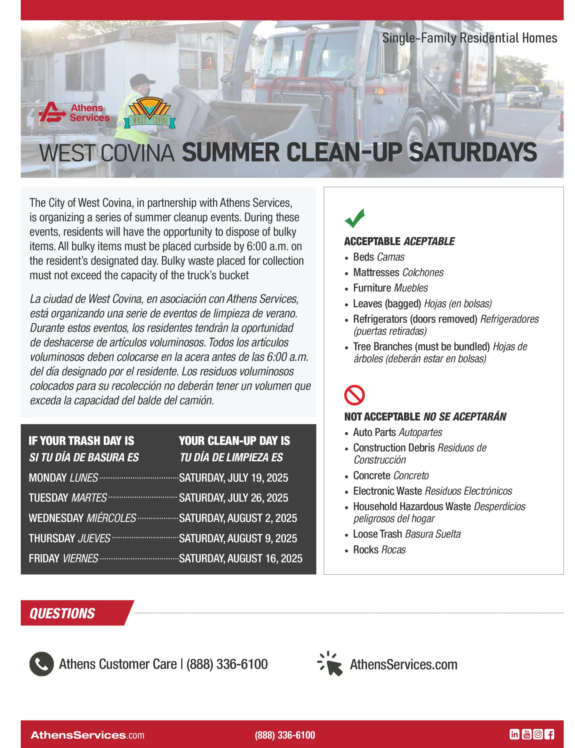 Athens Services West Covina Summer Cleanup Saturdays 7-19-2025 to 8-16-2025