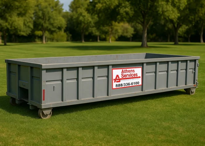 athens servicesroll-off- container lowboy 10-yard on lawn
