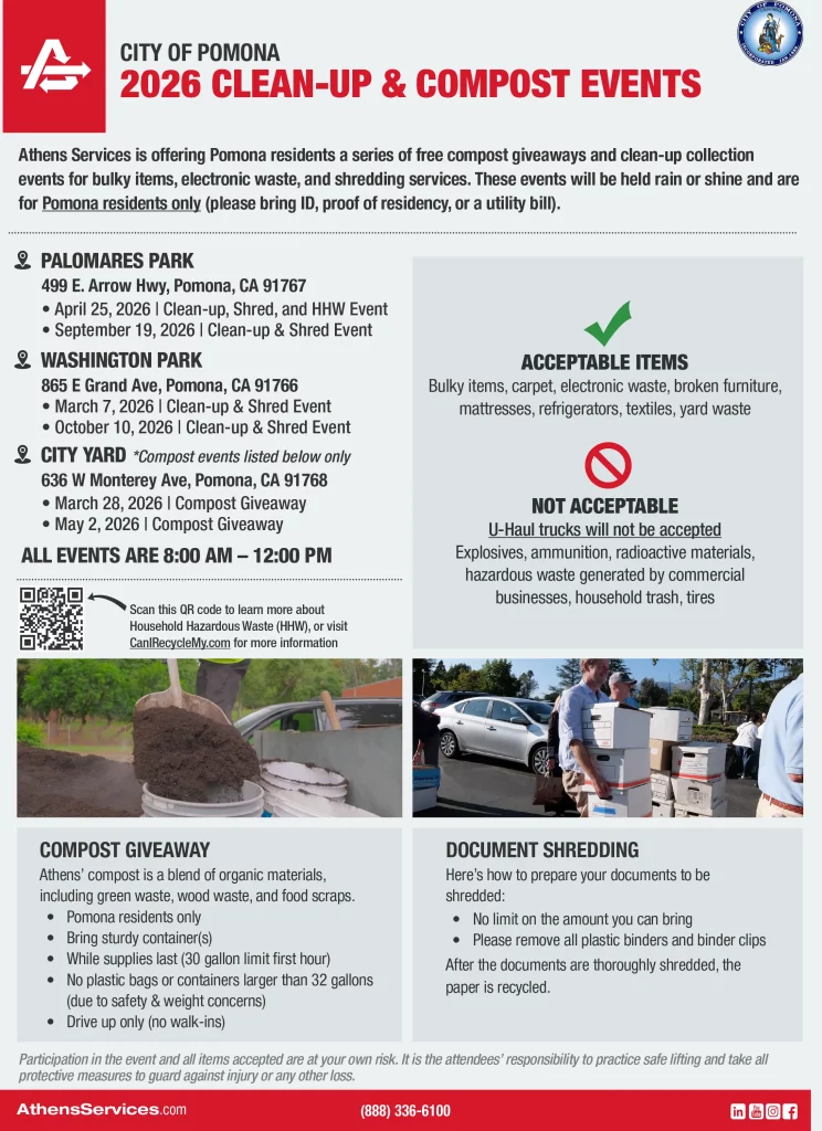 Athens Services City of Pomona Cleanup and Free Compost Giveaway | City of Pomona Cleanup and Shred Event | City of Pomona Cleanup Free Compost Giveaway and HHW Event