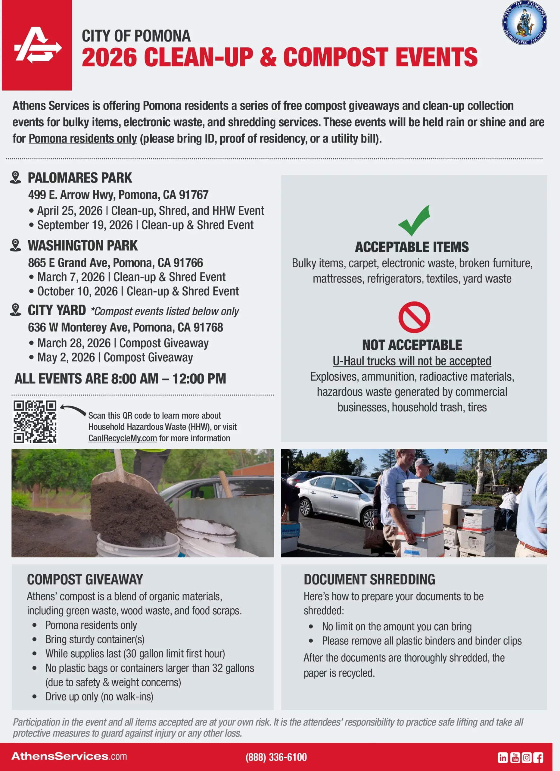 Athens Services City of Pomona Cleanup and Free Compost Giveaway | City of Pomona Cleanup and Shred Event | City of Pomona Cleanup Free Compost Giveaway and HHW Event