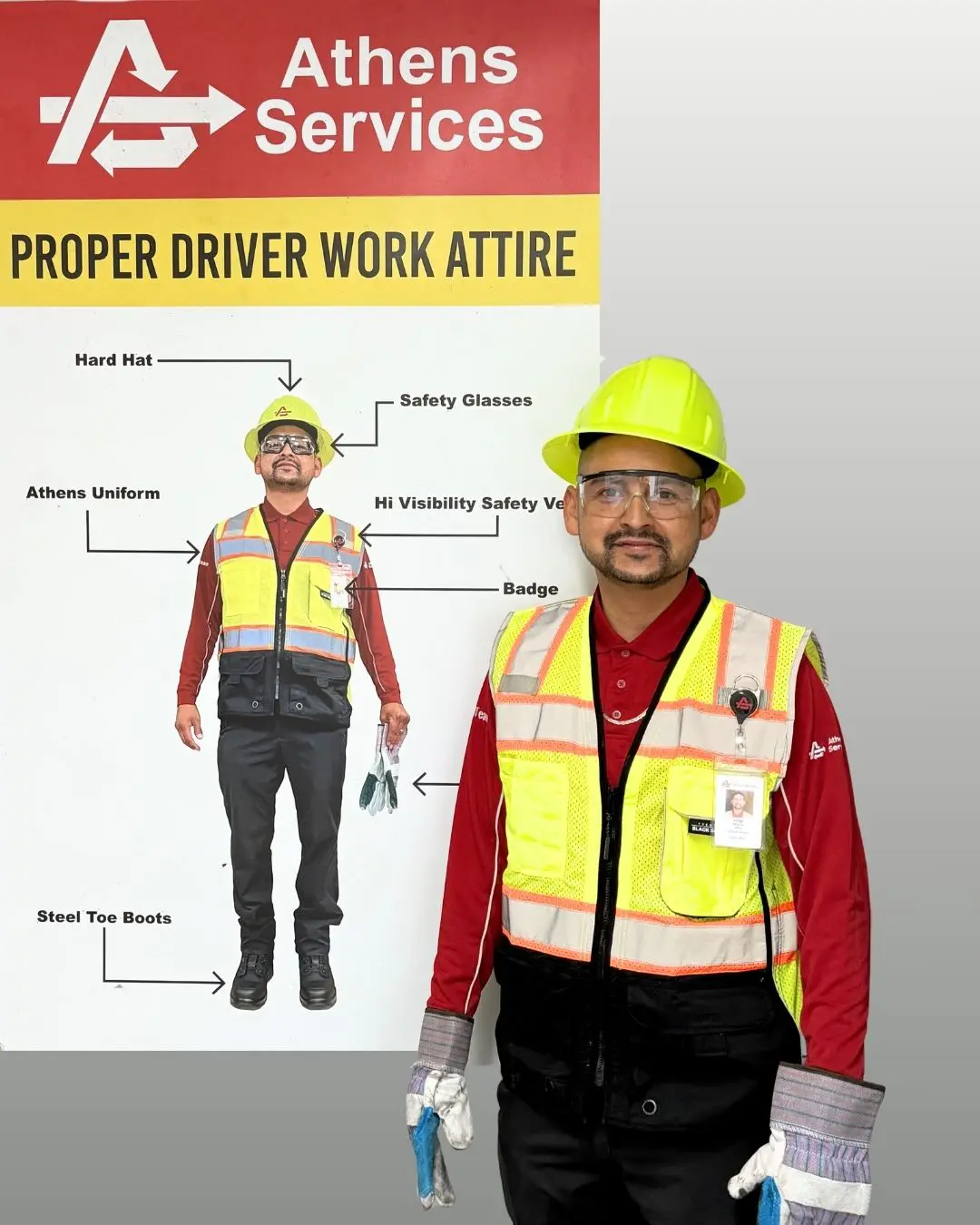 athens services national waste and recycling workers week jorge rivera standing in front of safety poster