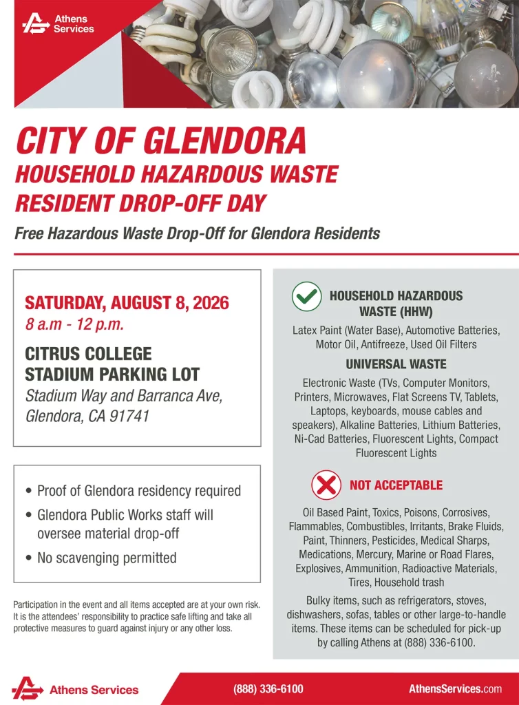 Athens Services City of Glendora Household Hazardous Waste Residential Drop Off Day 08-08-2026