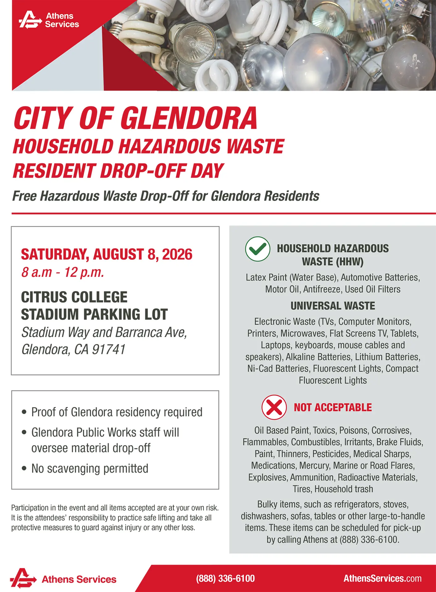 Athens Services City of Glendora Household Hazardous Waste Residential Drop Off Day 08-08-2026