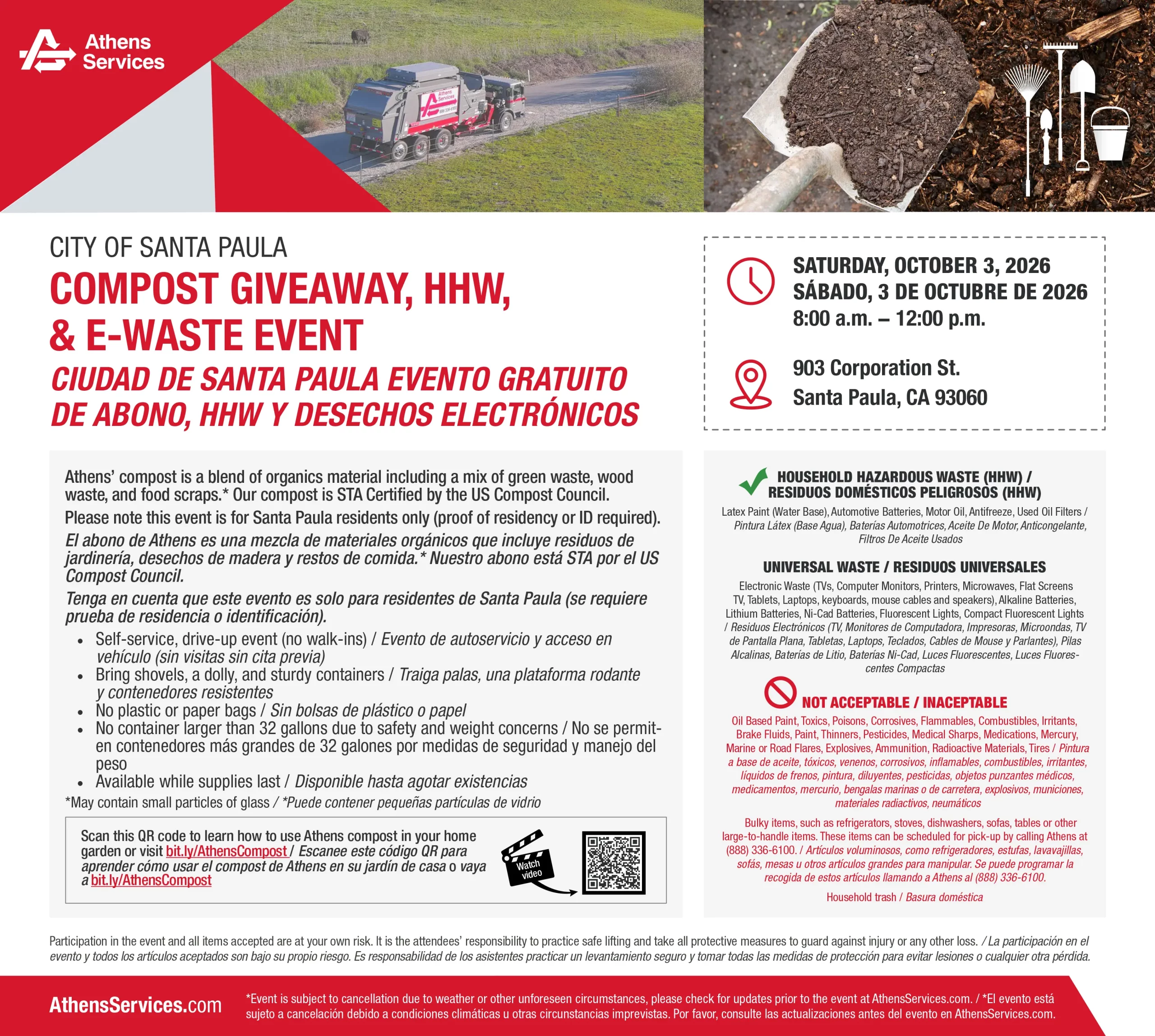 Athens Services City of Santa Paula Compost Giveaway HHW E-Waste Event 10-3-2026