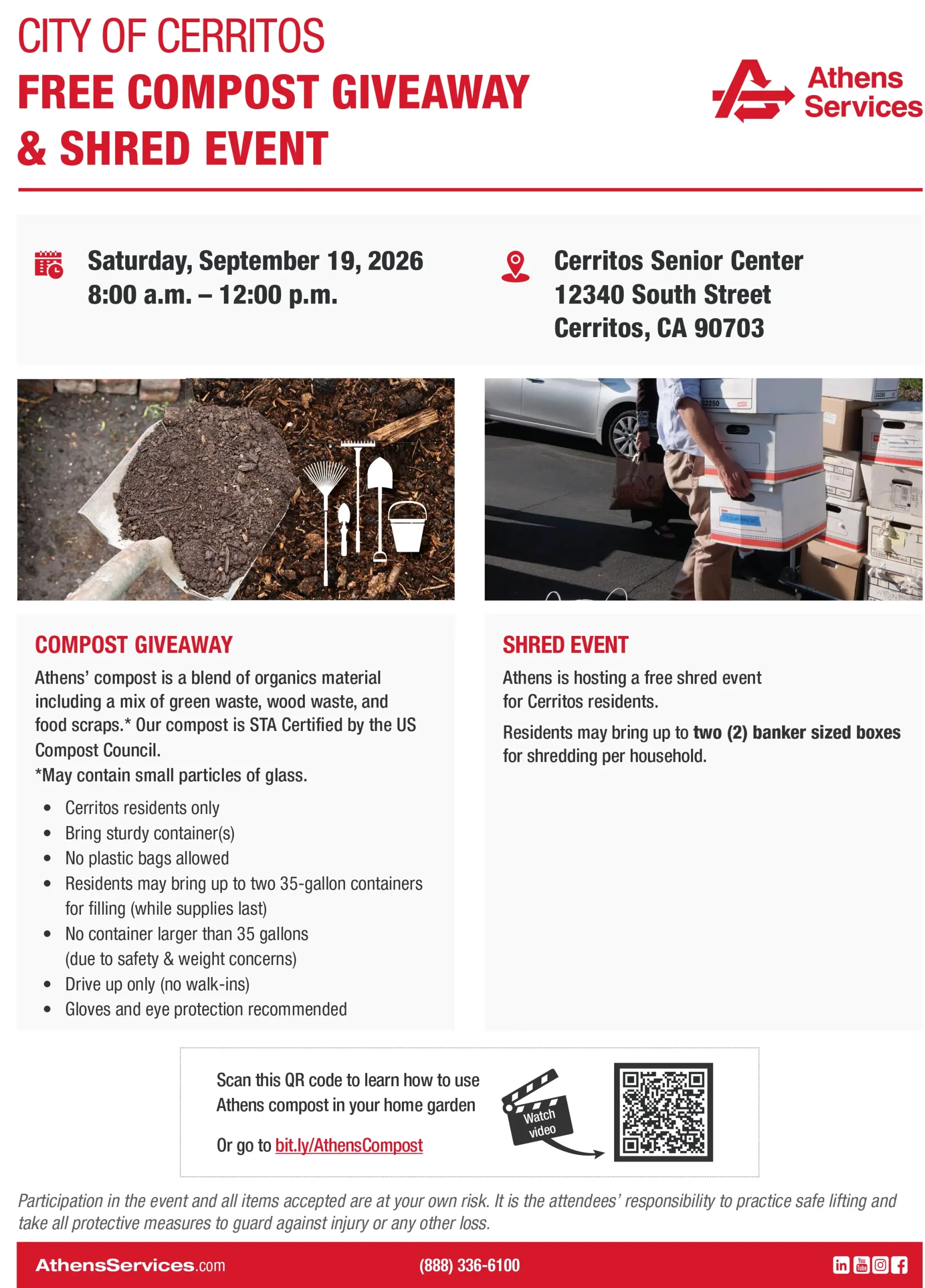Athens Services City of Cerritos Free Compost Giveaway and Shred Event 9-19-2026